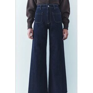 Zara High Rise Wide Leg Jeans Dark Indigo Raw Hem Sz 6 Contrast Stitch NWOT